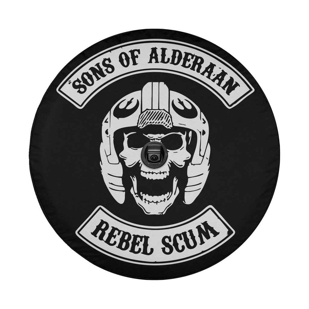 Sons of Alderaan Rebel Scum spare tire cover mounted on a red Bronco rear with bold sci-fi rebel parody design