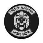 Sons of Alderaan Rebel Scum spare tire cover mounted on a red Bronco rear with bold sci-fi rebel parody design