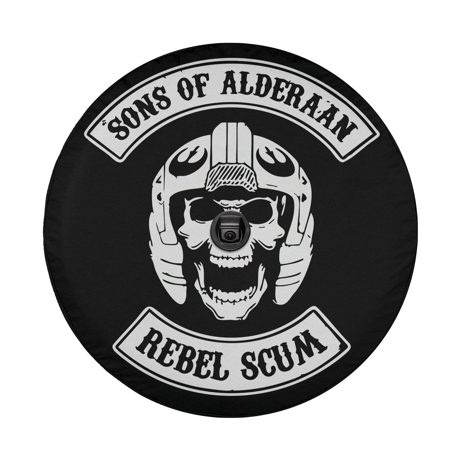Sons of Alderaan Rebel Scum spare tire cover mounted on a red Bronco rear with bold sci-fi rebel parody design