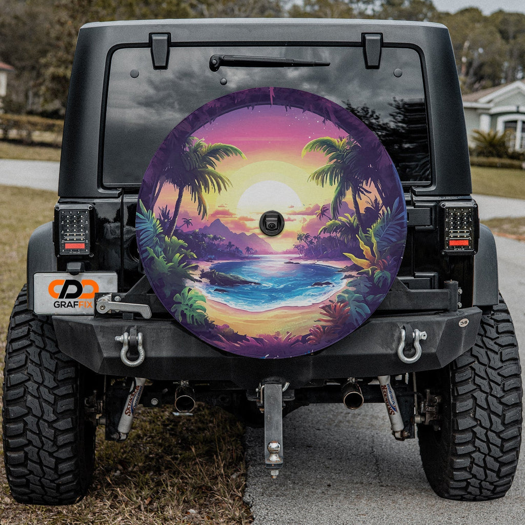 Paradise sunset cover mounted on black Jeep Wrangler with tropical beach palms purple sky GRAFFIX
