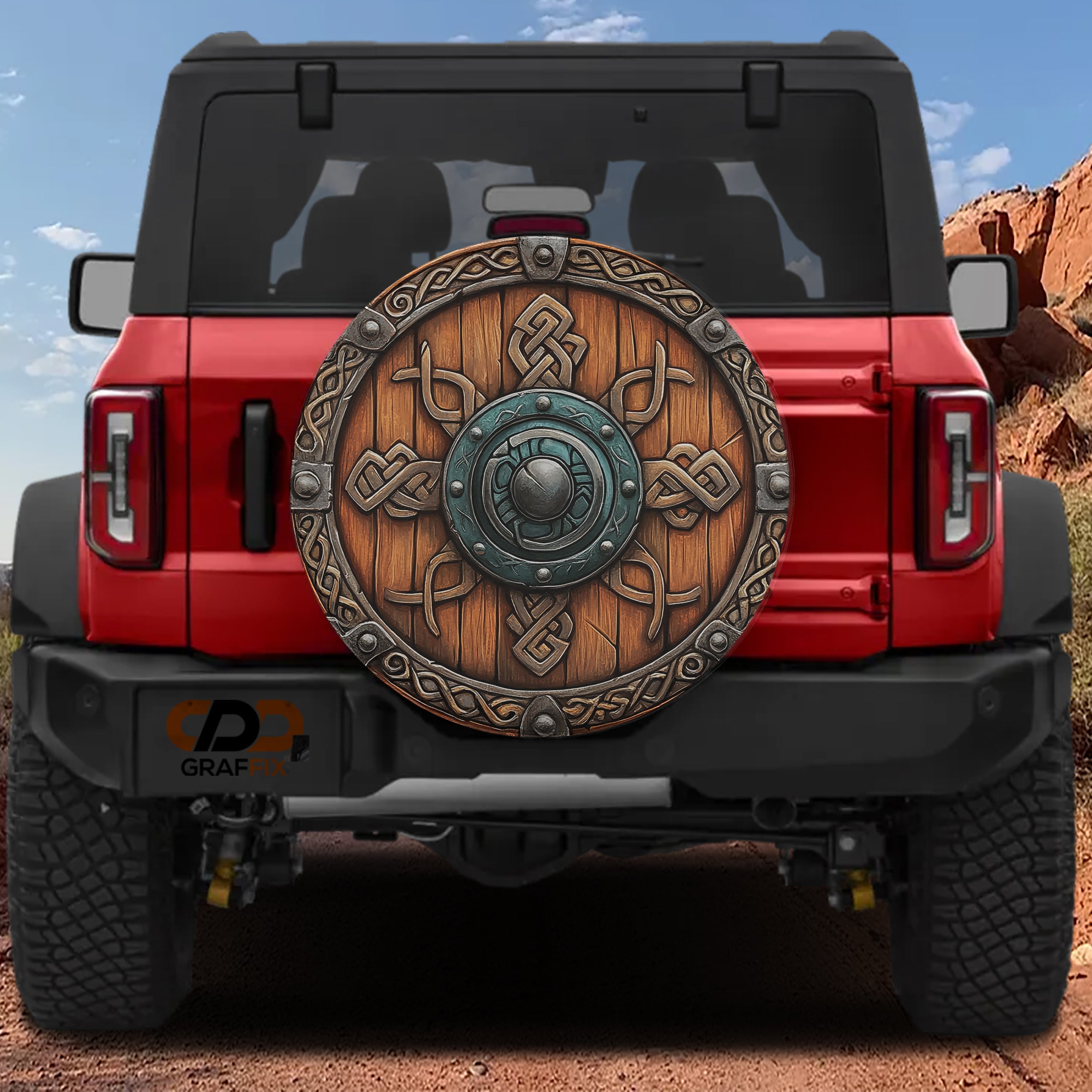 Viking Celtic shield spare tire cover alternate angle showing full graphic
