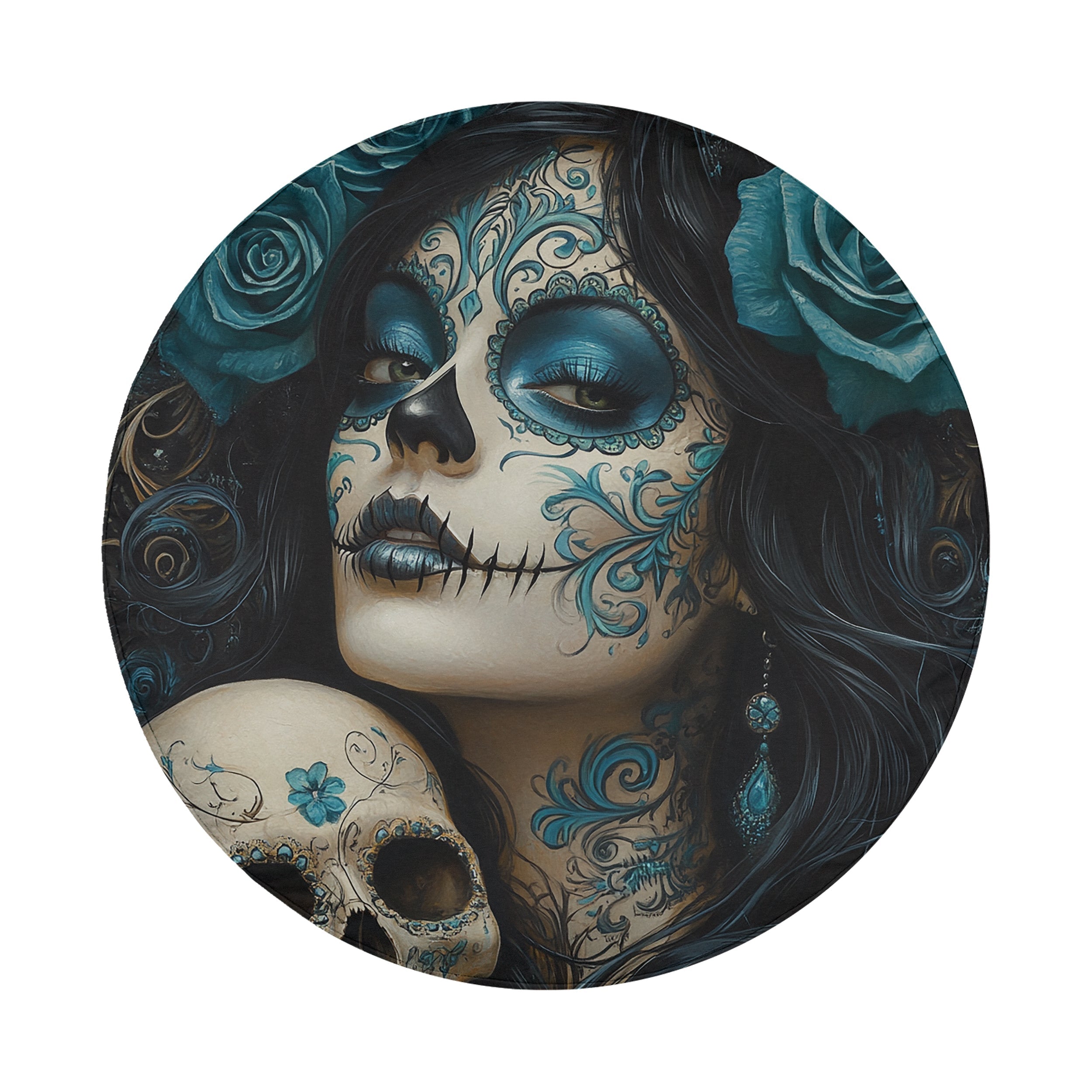 Turquoise sugar skull spare tire cover shown installed on rear of vehicle