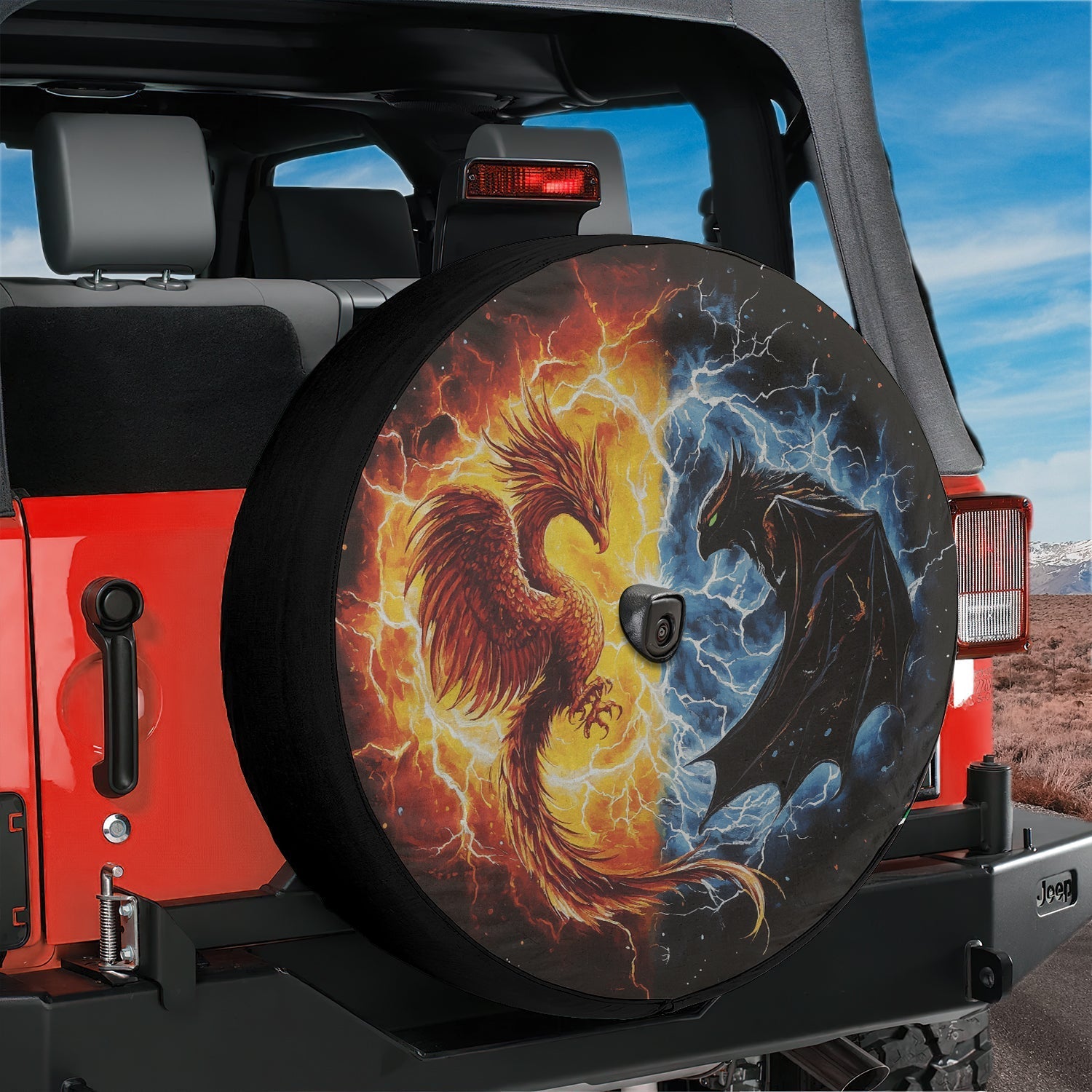 Phoenix vs Shadow Dragon spare tire cover on red Jeep Wrangler with fiery phoenix and shadow dragon