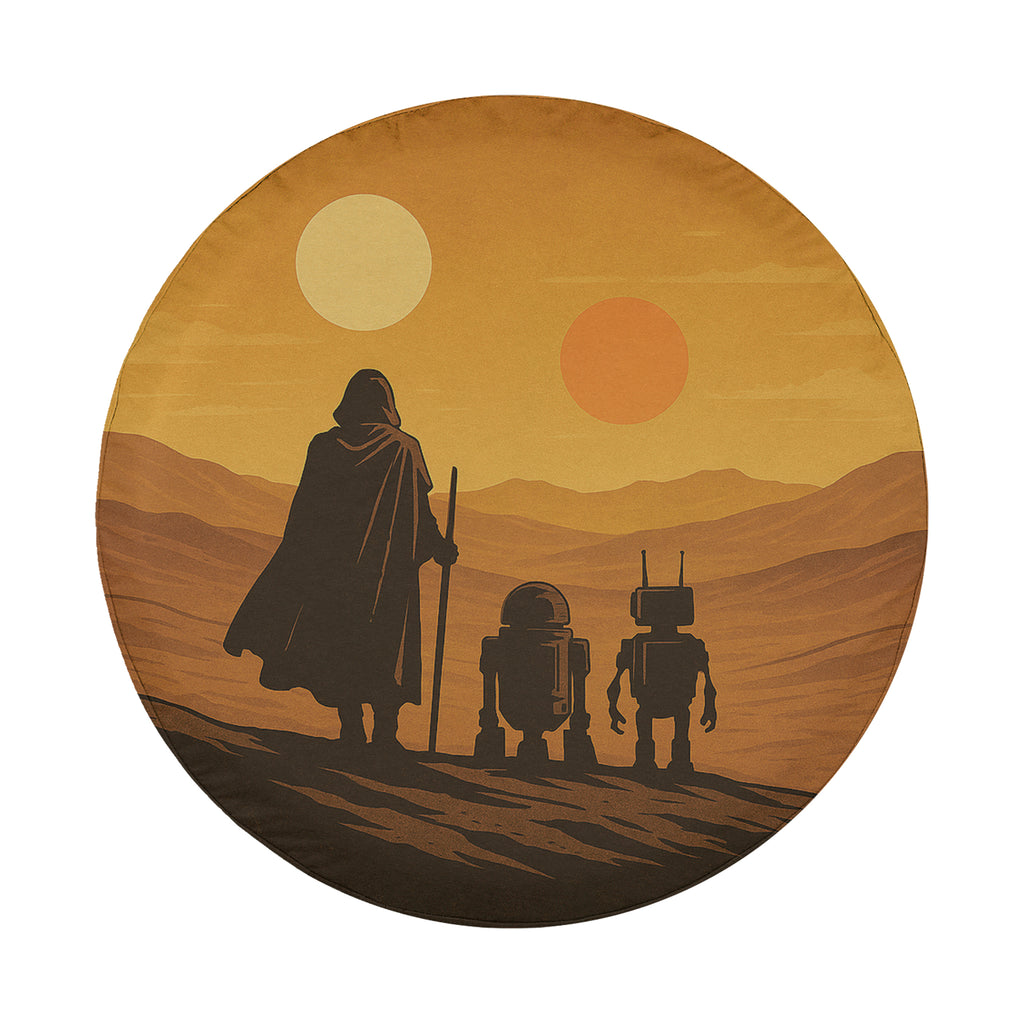 A circular illustration depicting a silhouetted figure holding a staff, standing on a hill with two smaller robot-like figures in the background, against a desert landscape with two large suns in the sky.