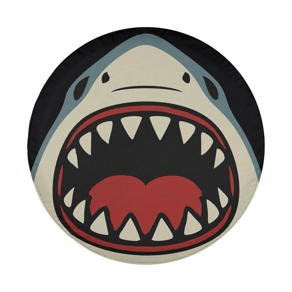 Shark Bite spare tire cover flat view showing cartoon shark with open toothy mouth