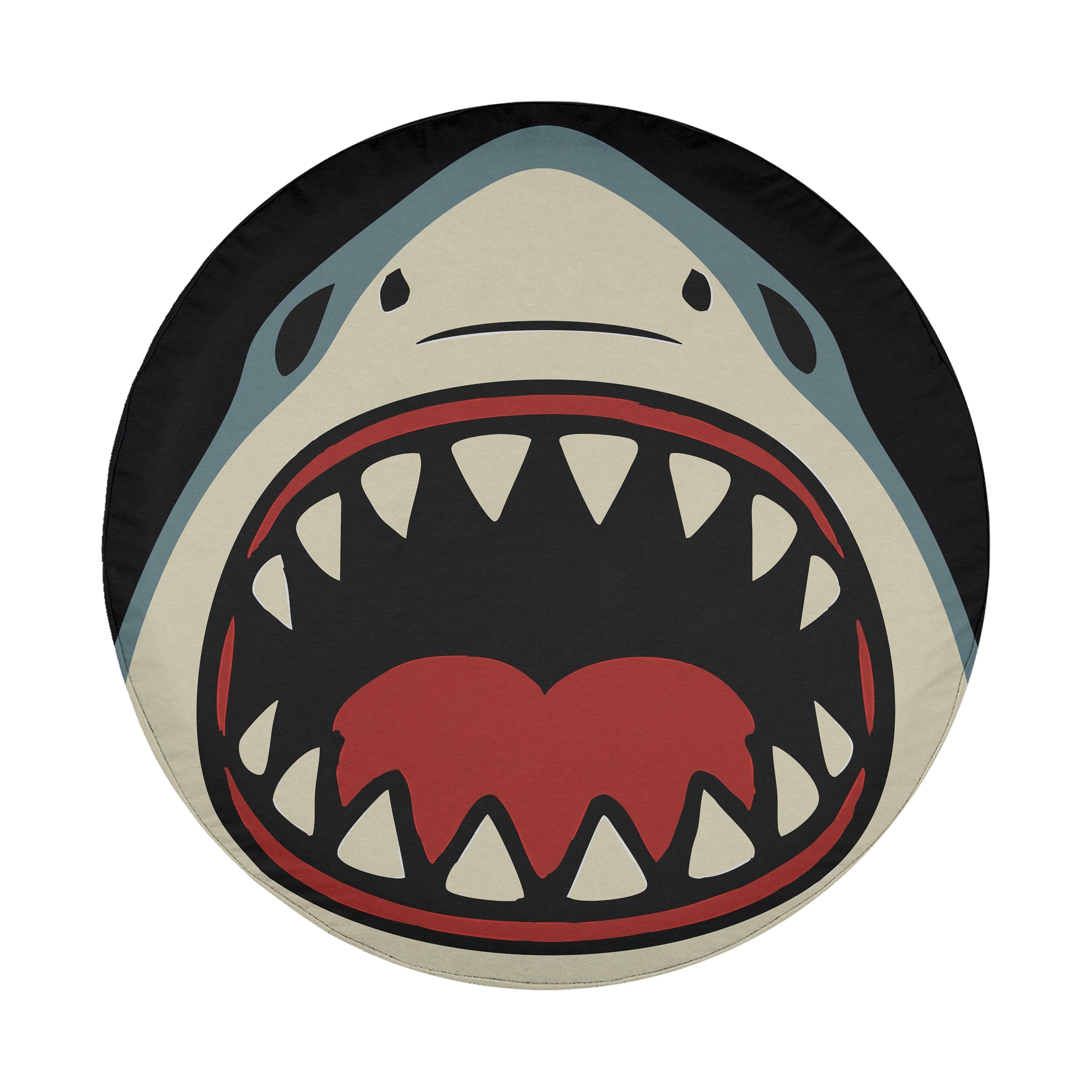 Shark Bite spare tire cover flat view showing cartoon shark with open toothy mouth
