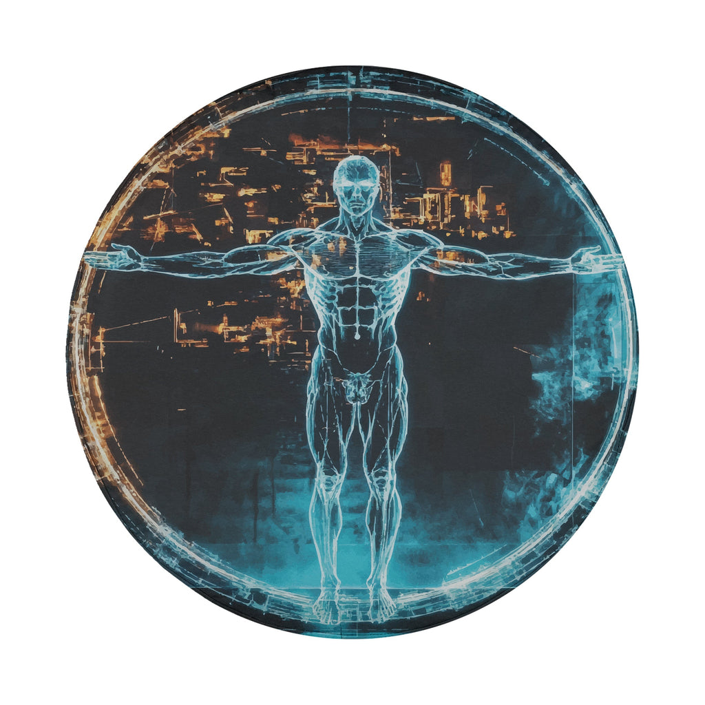 Modern Vitruvian Man spare tire cover side view showing fabric grommet construction trim
