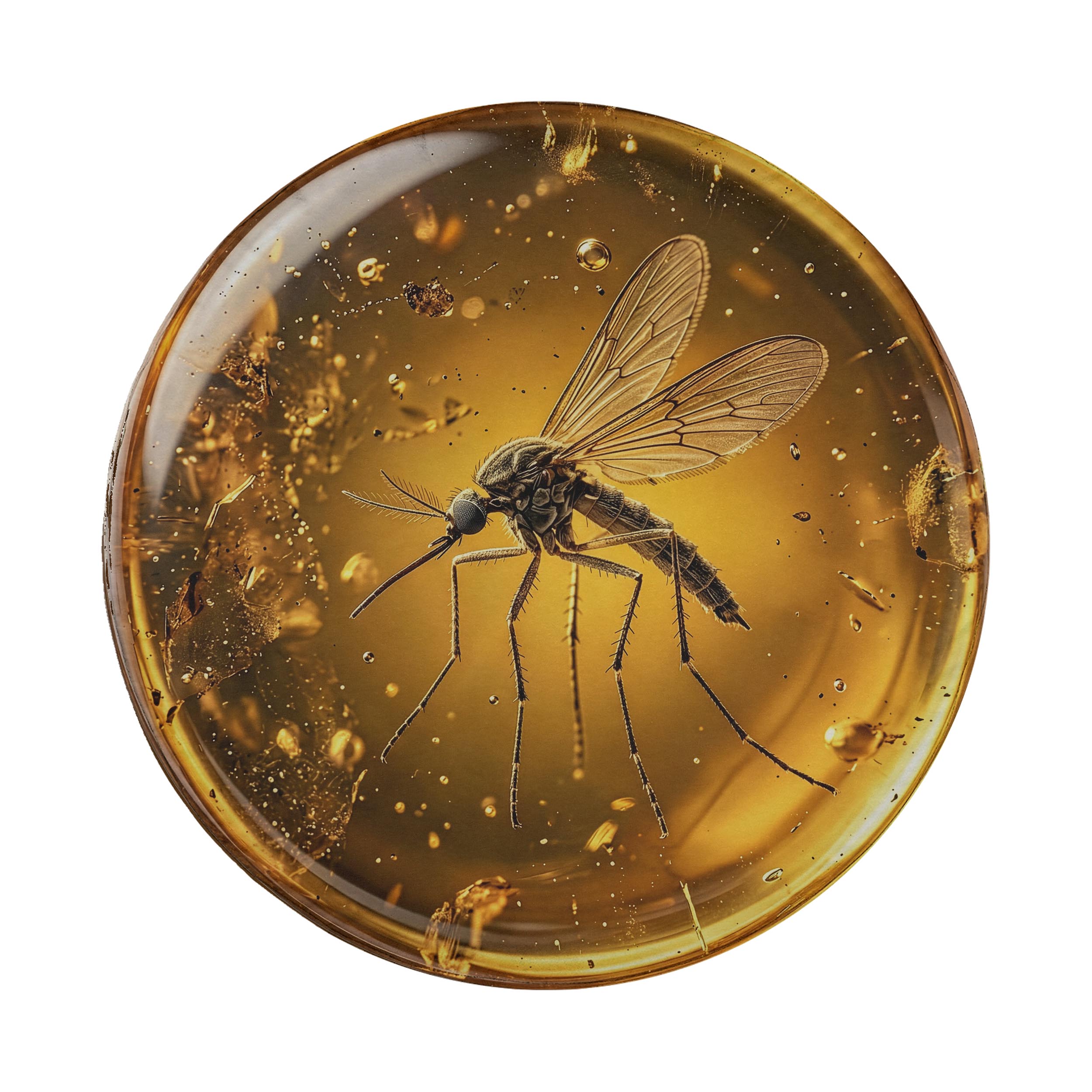 A close-up image of a mosquito inside a golden, amber-colored glass container, with bubbles and droplets surrounding it.