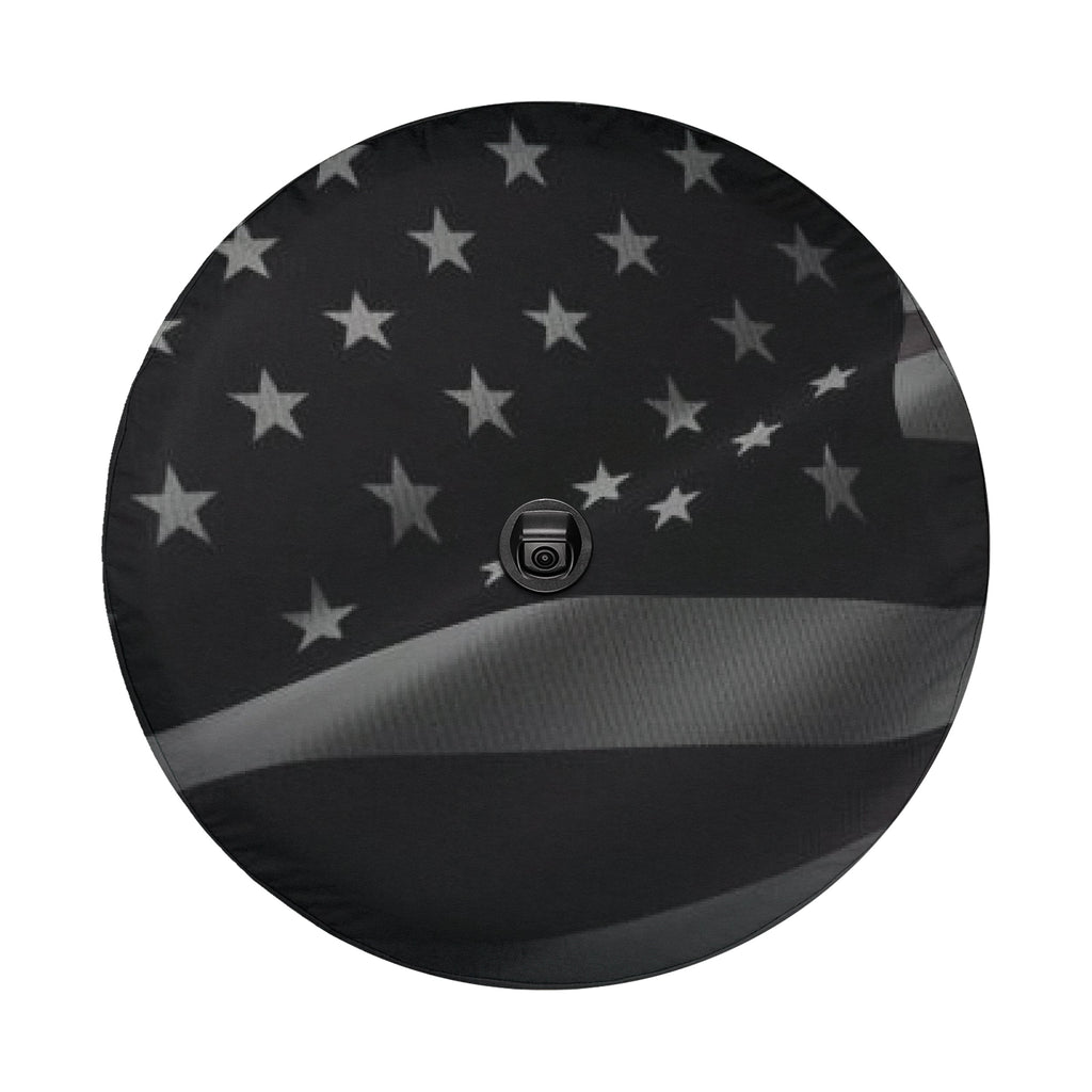 Wavey No Quarter American flag spare tire cover on red Jeep Wrangler with desert mountain backdrop
