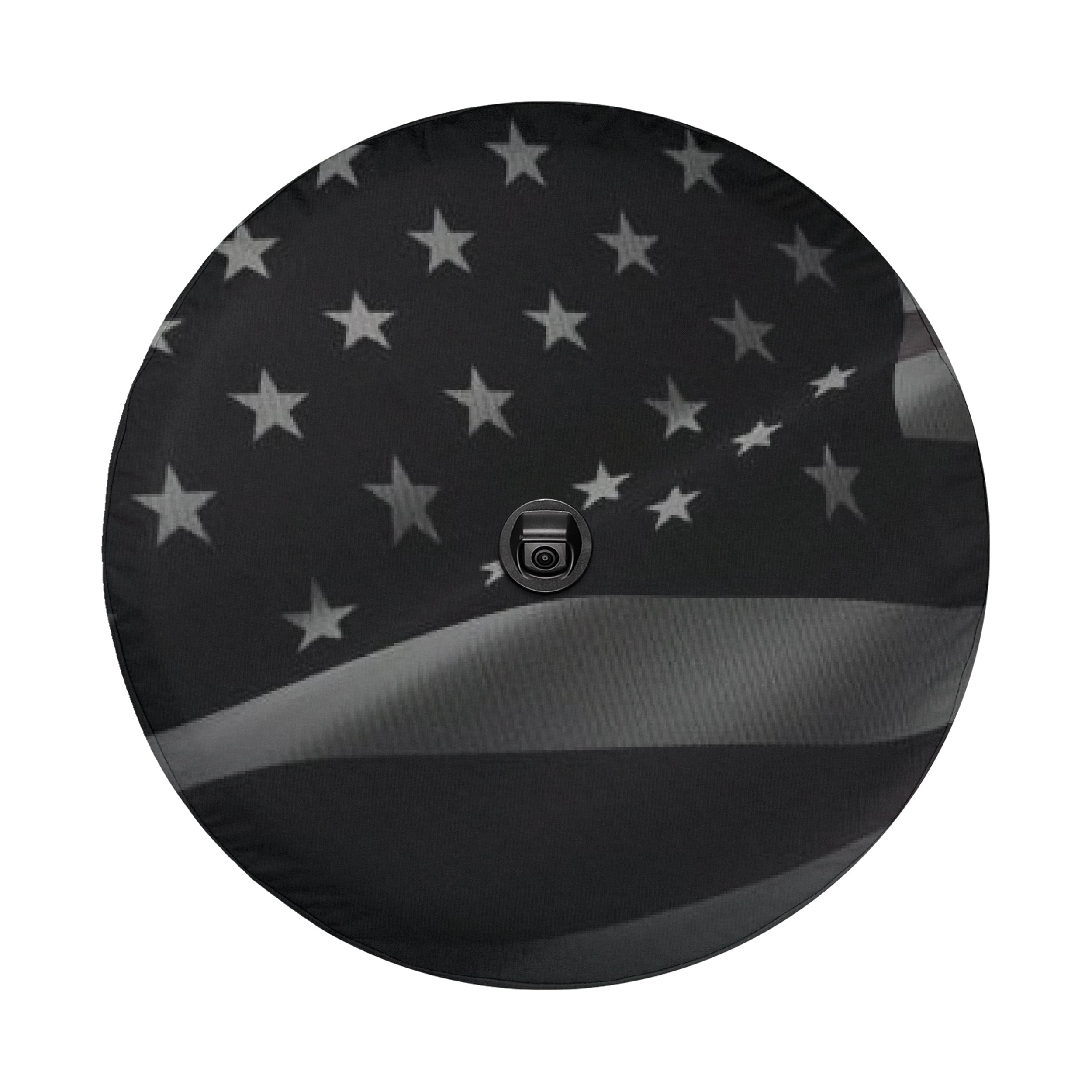 Wavey No Quarter American flag spare tire cover on red Jeep Wrangler with desert mountain backdrop