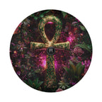 a large, ornate symbol resembling an Ankh, a significant symbol in ancient Egyptian mythology, surrounded by a lush, colorful garden with various plants and flowers.