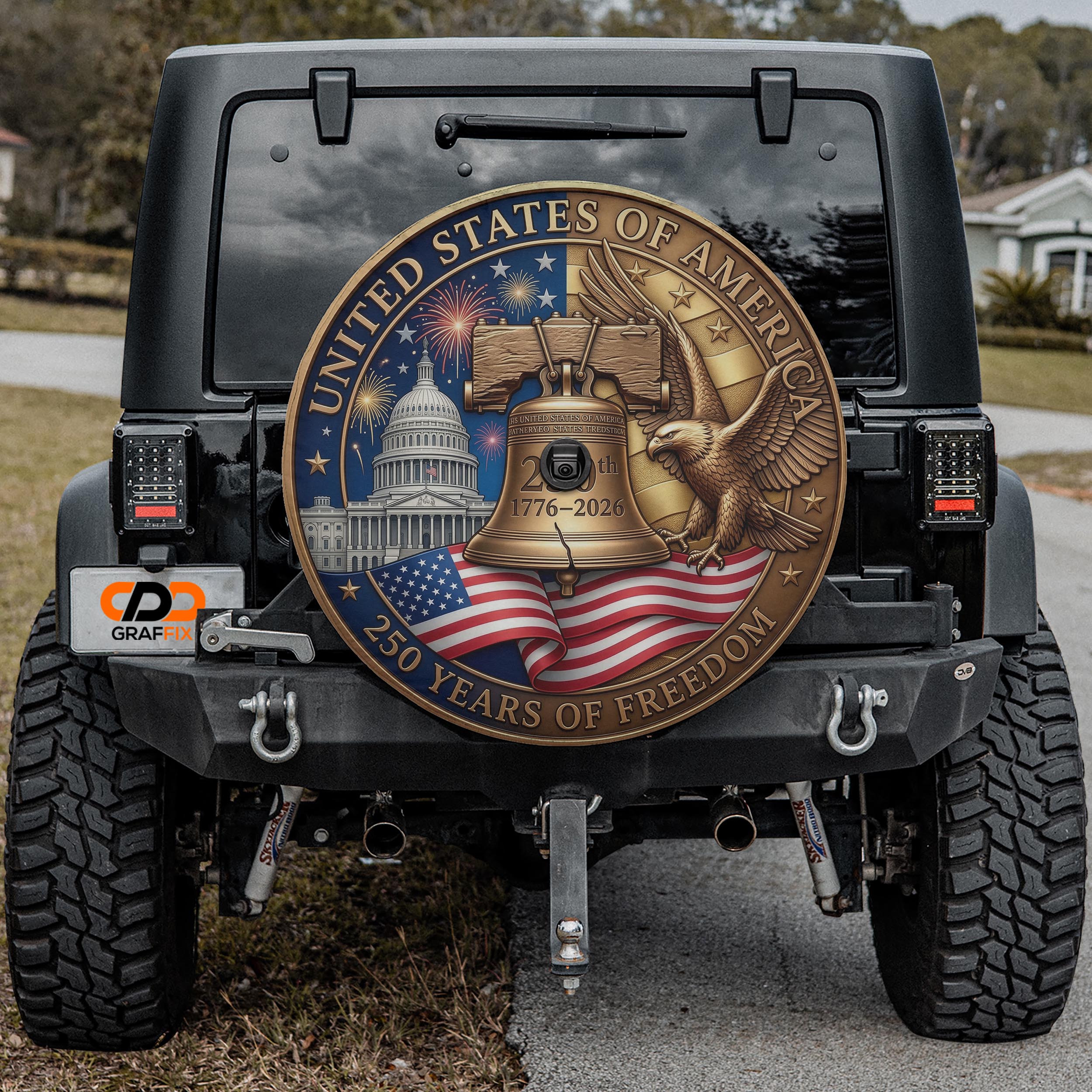 a black Jeep Wrangler with a large, circular decal on the rear window that displays the United States of America and commemorates the 250th anniversary of the signing of the U.S. Constitution.