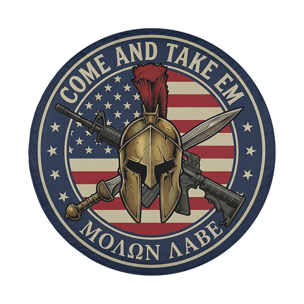 a circular emblem with a helmet, crossed swords, and a banner with the text "COME AND TAKE EM" and "MOËN AÑE" written on it.