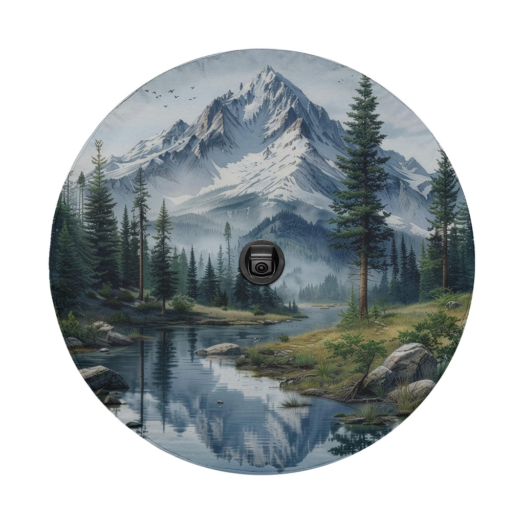 A serene landscape featuring a mountain range, pine trees, a river, and a forest, with a black camera lens in the center of the image.