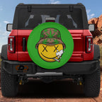 High Times spare tire cover flat view of cannabis bucket hat smoking smiley on bright green field