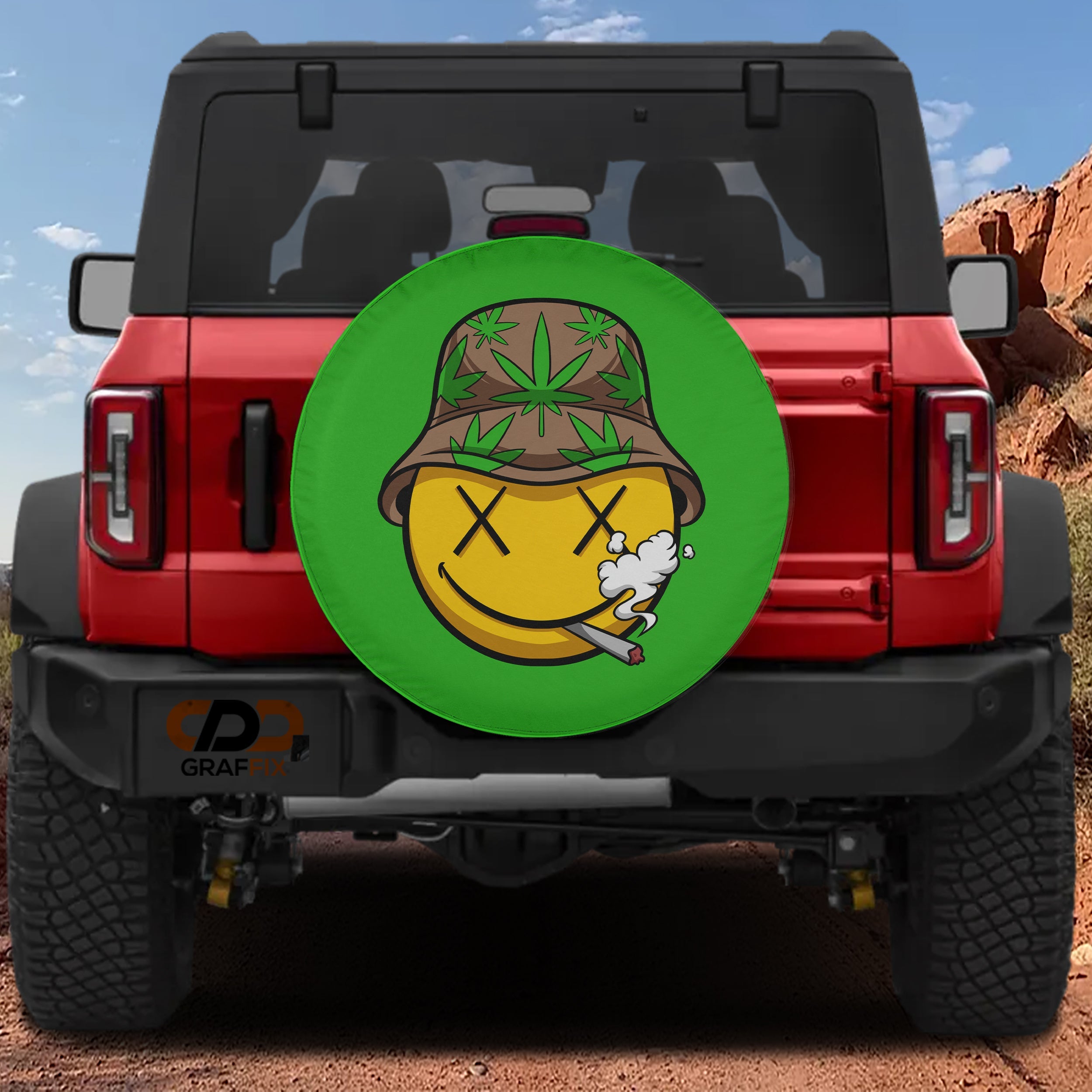 High Times spare tire cover flat view of cannabis bucket hat smoking smiley on bright green field