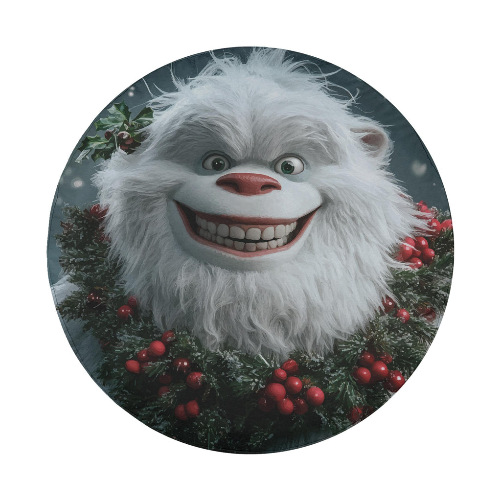Round tire cover art of a friendly white yeti with red nose wearing a wreath of holly berries