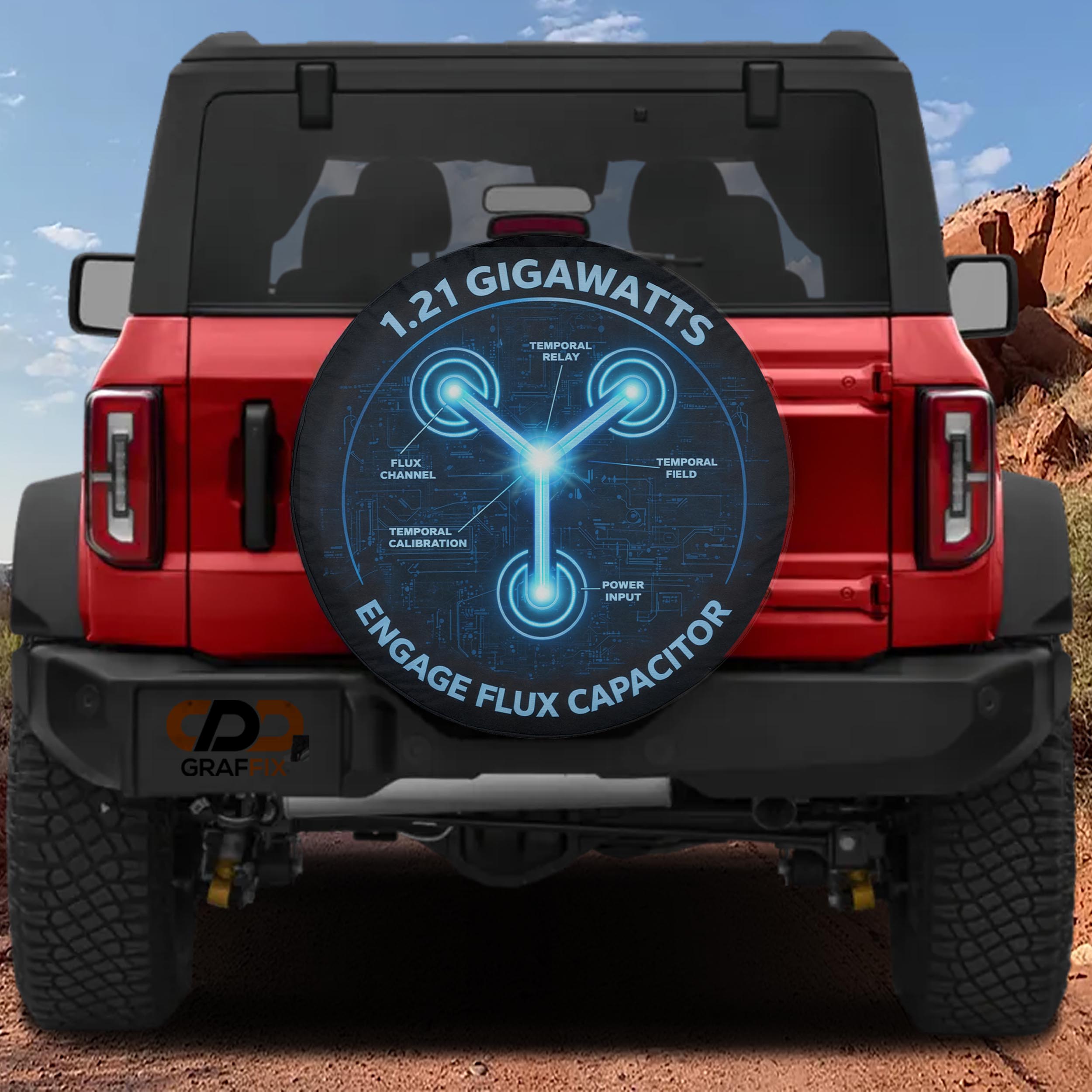 a red Jeep Wrangler with a large tire cover on the rear of the vehicle.