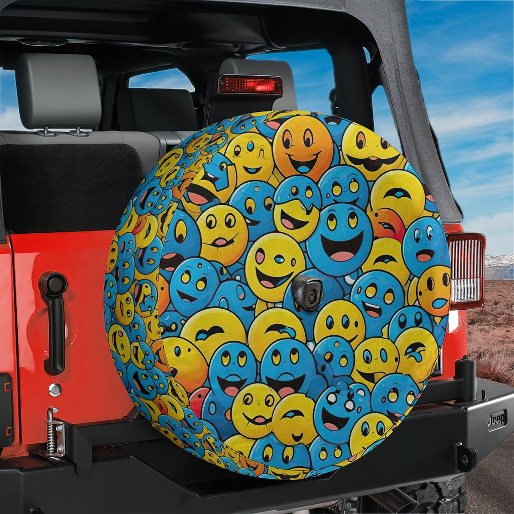 Blue and yellow happy smiley face pile spare tire cover installed on red Jeep Wrangler at desert site