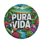 Pura Vida text spare tire cover artwork featuring toucan parrot palm trees rainbow lagoon tropics