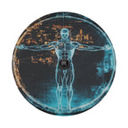 Modern Vitruvian Man spare tire cover flat-lay product photo showing blue figure artwork