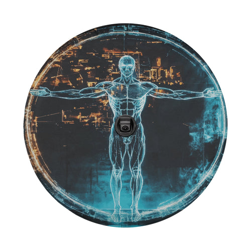 Modern Vitruvian Man spare tire cover flat-lay product photo showing blue figure artwork