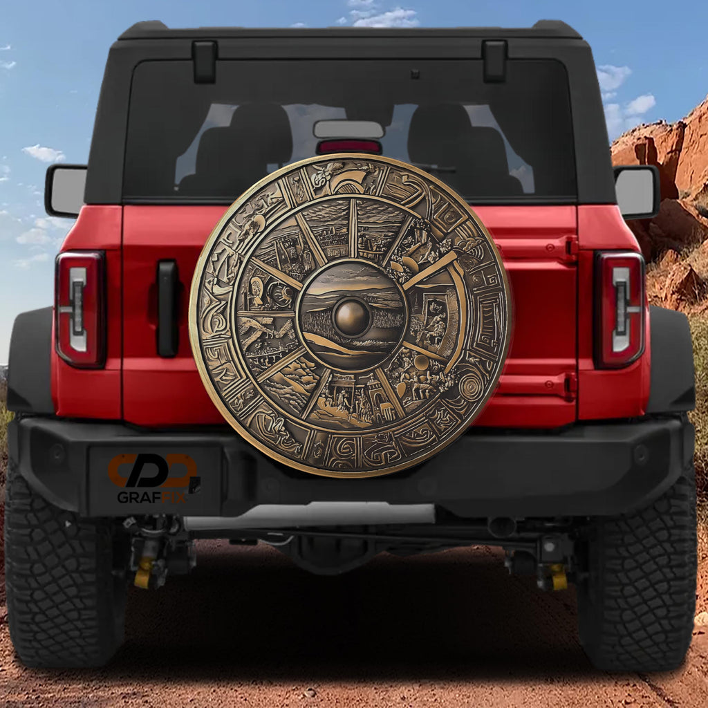 Shield of Achilles spare tire cover mounted on a red Bronco rear, bronze relief with mythic scenes and ocean