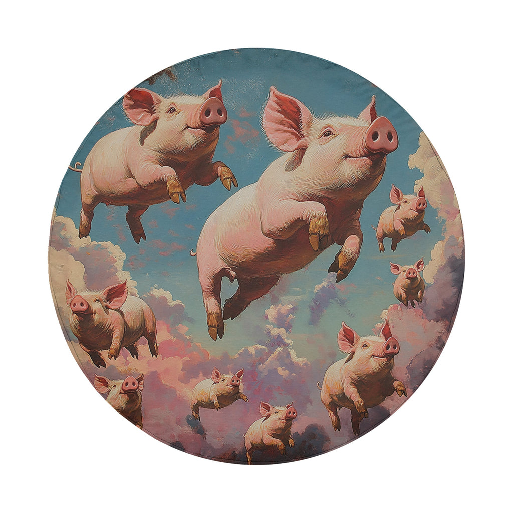 A circular painting depicting a group of pink pigs flying through a cloudy sky.