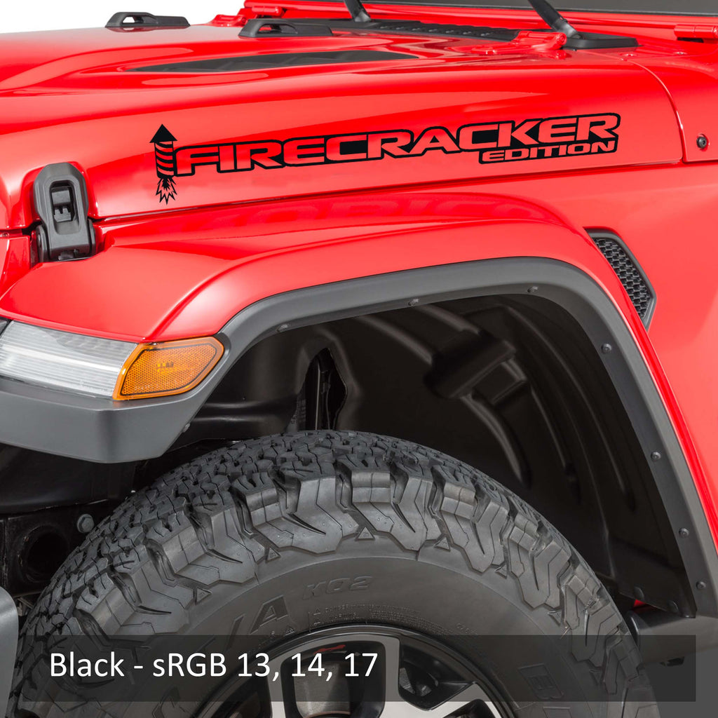 Black Firecracker Edition side hood decal pair color swatch for Jeep Wrangler application