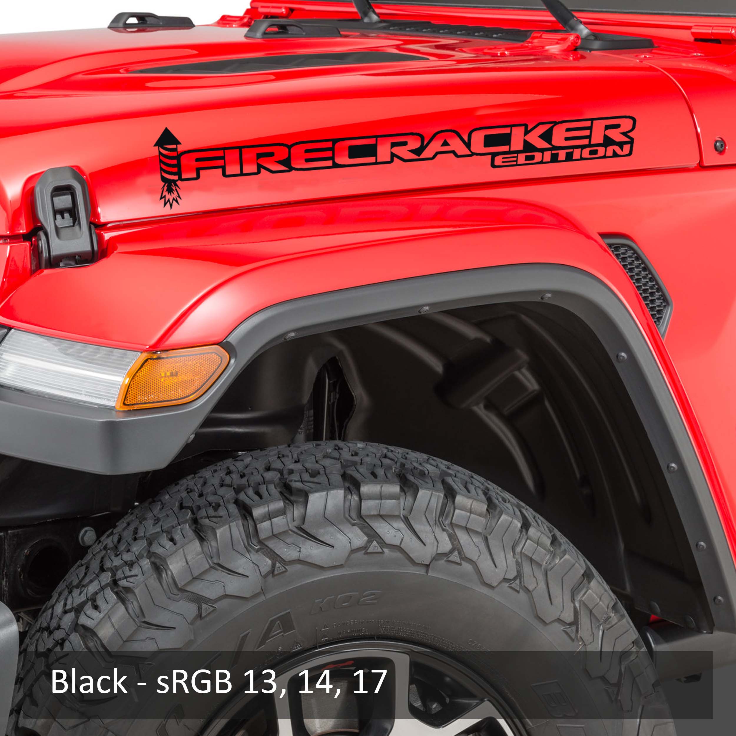 Black Firecracker Edition side hood decal pair color swatch for Jeep Wrangler application