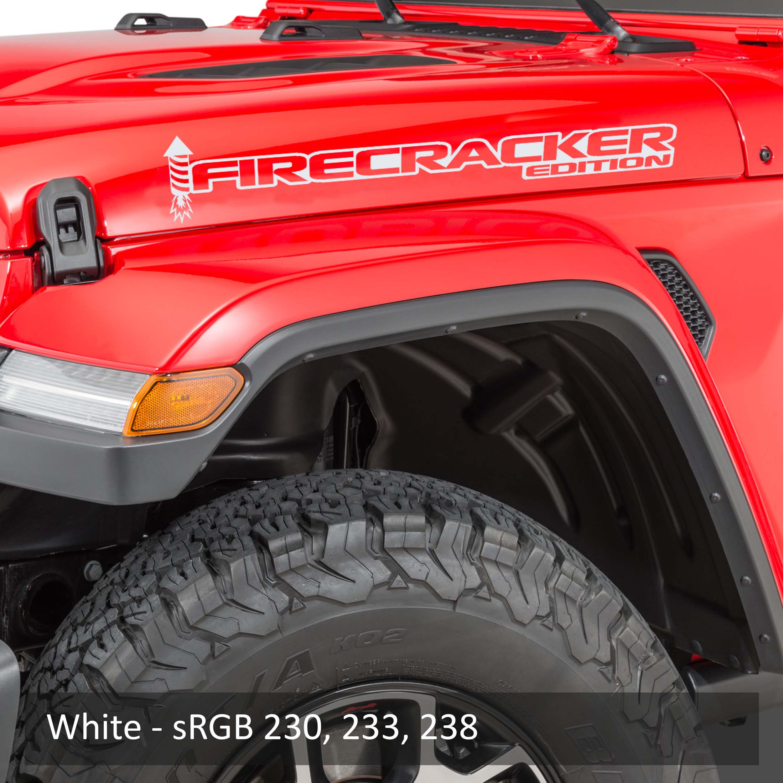 White Firecracker Edition side hood decal pair color swatch for Jeep Wrangler application