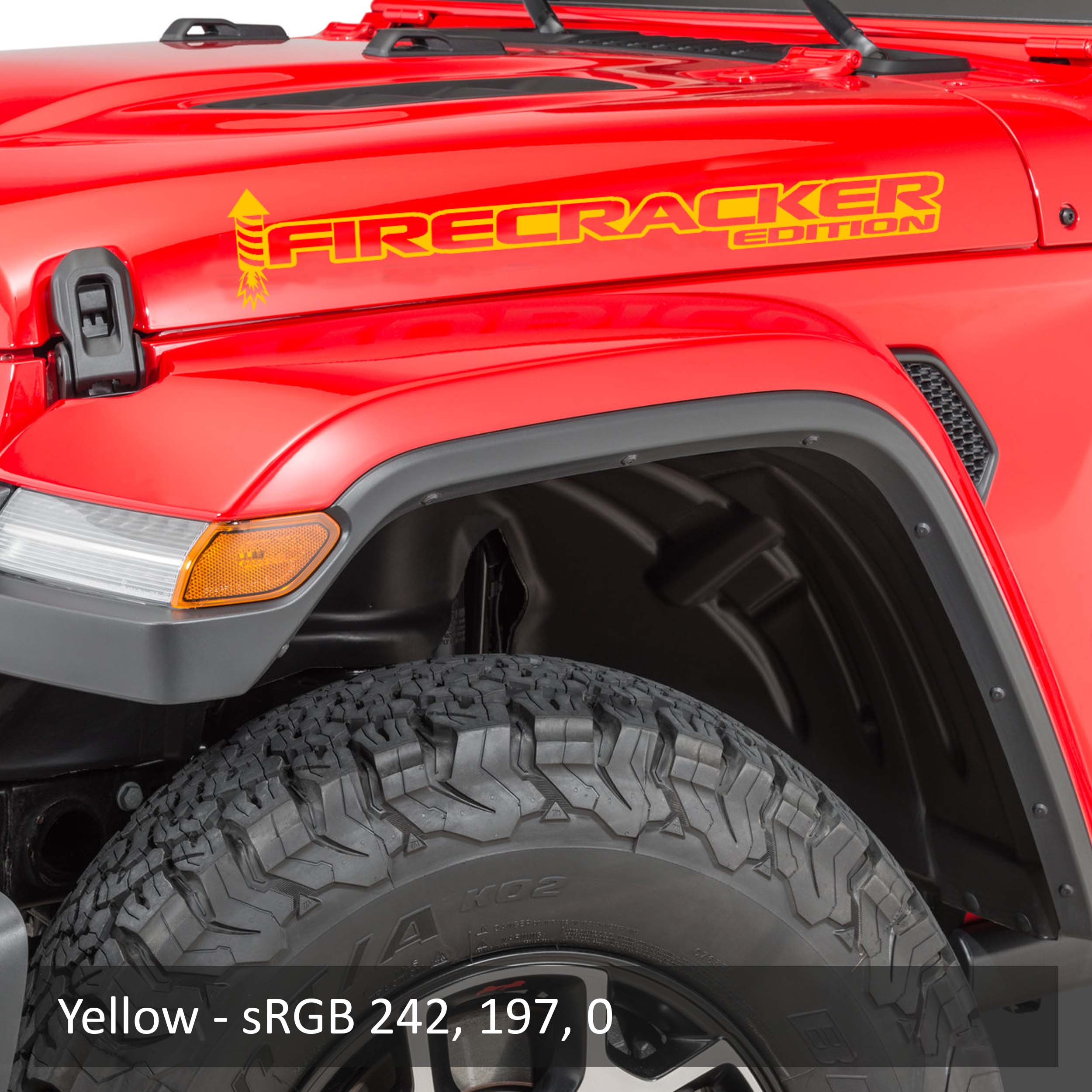 Yellow Firecracker Edition side hood decal pair color swatch for Jeep Wrangler application