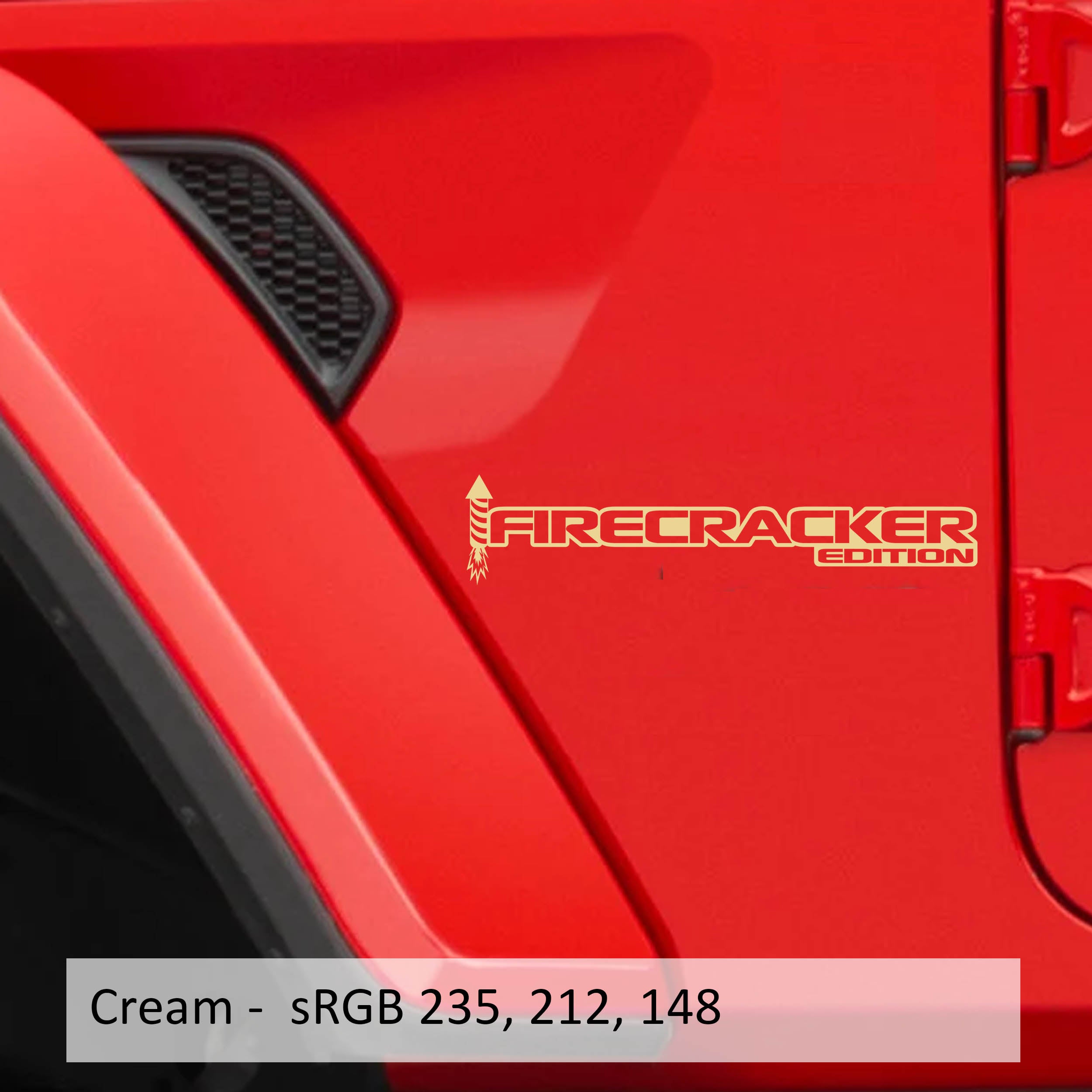 Cream Firecracker Edition rocket fender decal pair shown on Jeep Wrangler JL Gladiator JT cowl
