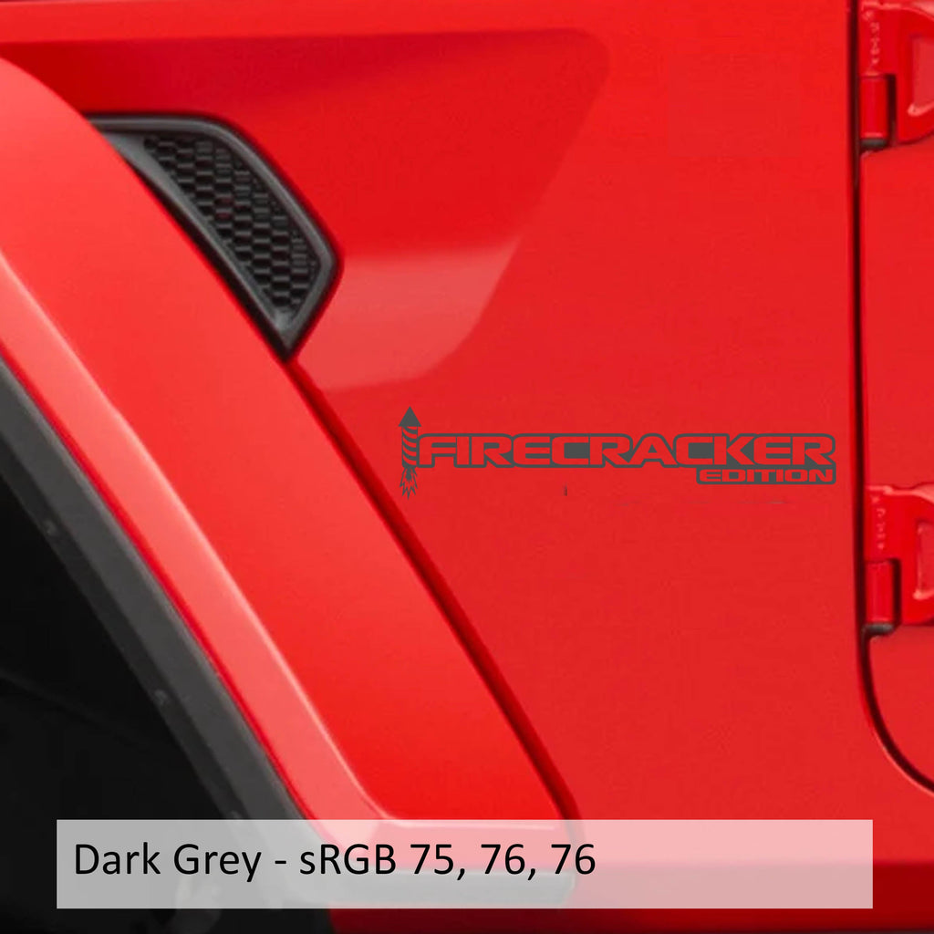 Dark grey Firecracker Edition rocket fender decal pair on Jeep Wrangler JL Gladiator JT side hood