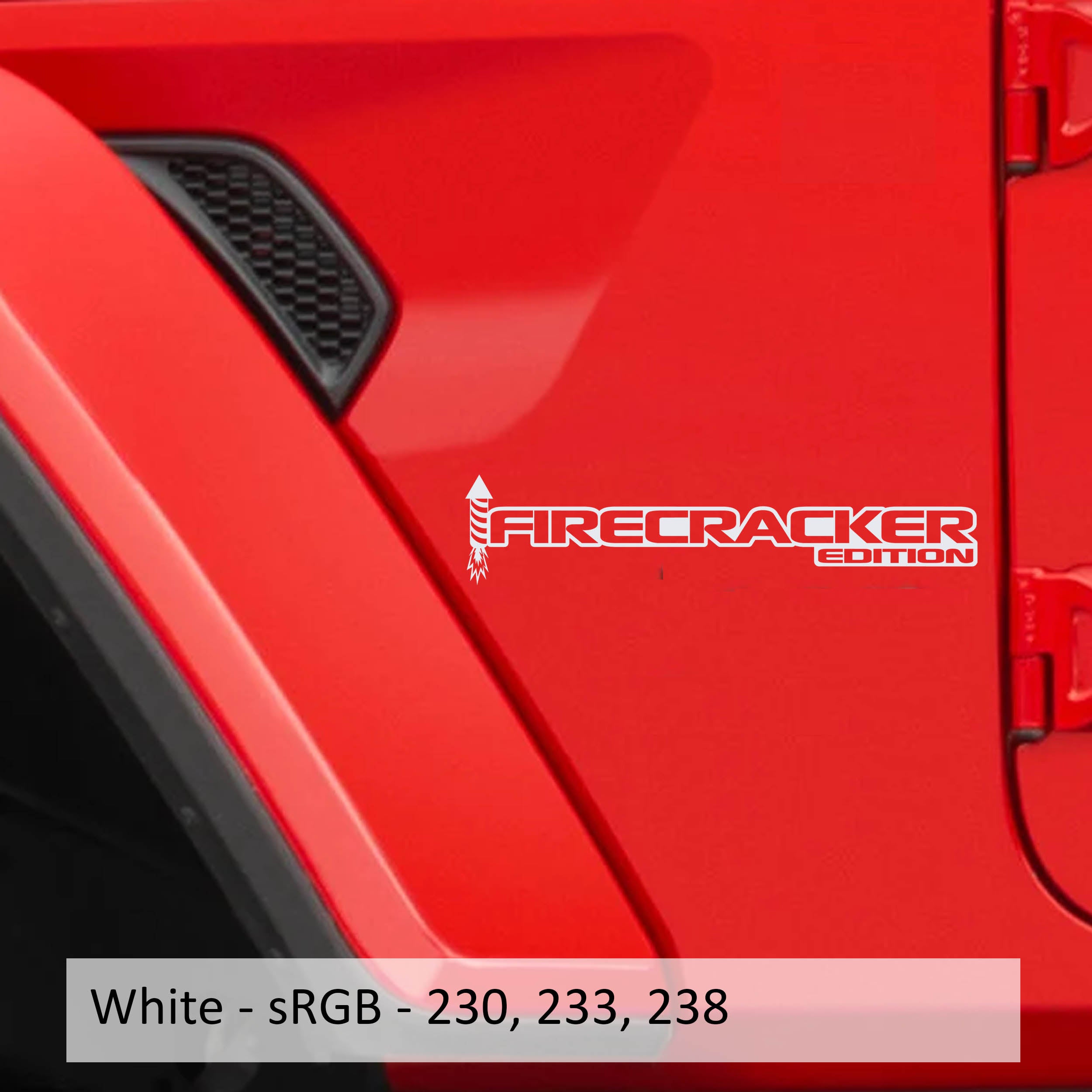 White Firecracker Edition rocket fender decal pair shown on Jeep Wrangler JL Gladiator JT side hood