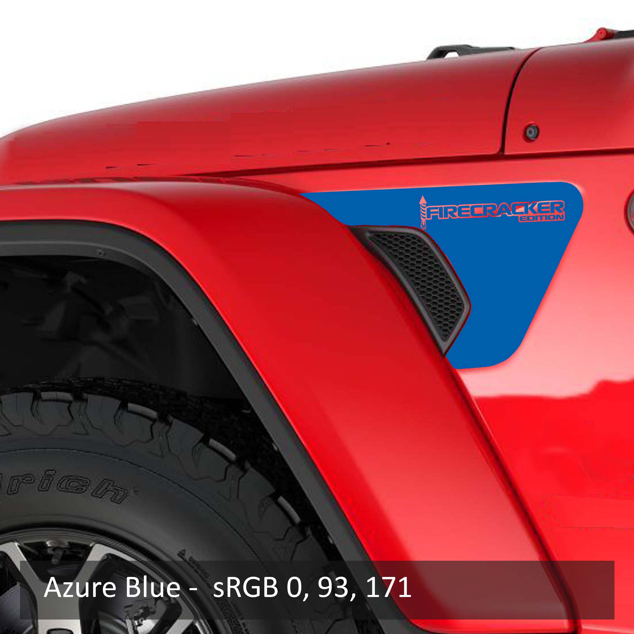 Azure Blue Firecracker fender vent vinyl transfer decal swatch for JL JT Wrangler