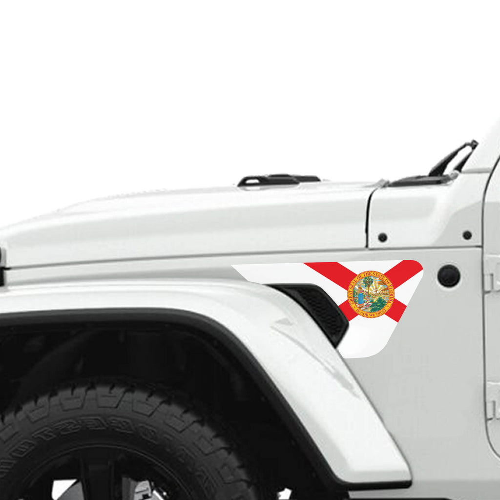 Florida state flag fender vent decal shown on Jeep Wrangler JL JT 2018 plus with color swatches