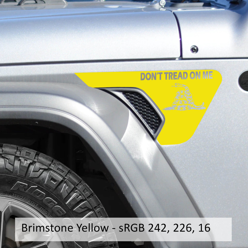 Brown and yellow Gadsden flag billet fender vent transfer decal on JL Wrangler or JT vent