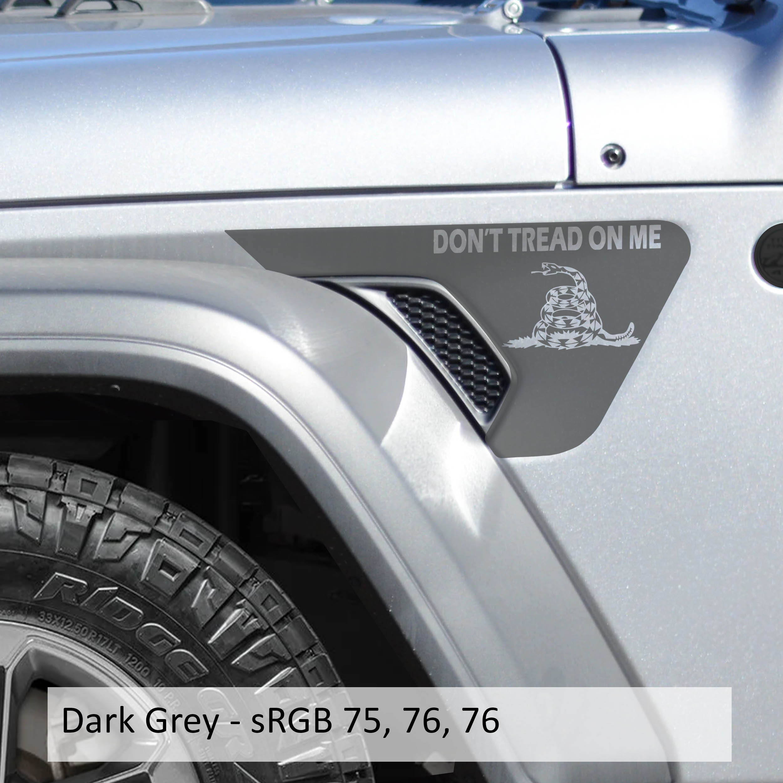 Dark gray Gadsden Dont Tread On Me flag billet fender vent transfer decal on JL Wrangler