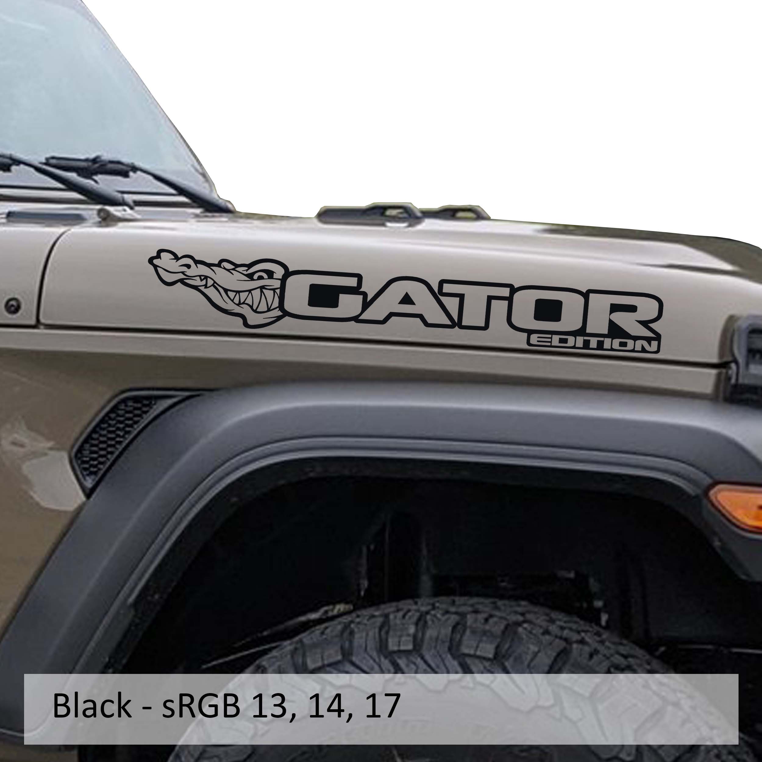 Gator Edition Jeep hood decal pair displayed in matte black vinyl on a clean white studio backdrop sample