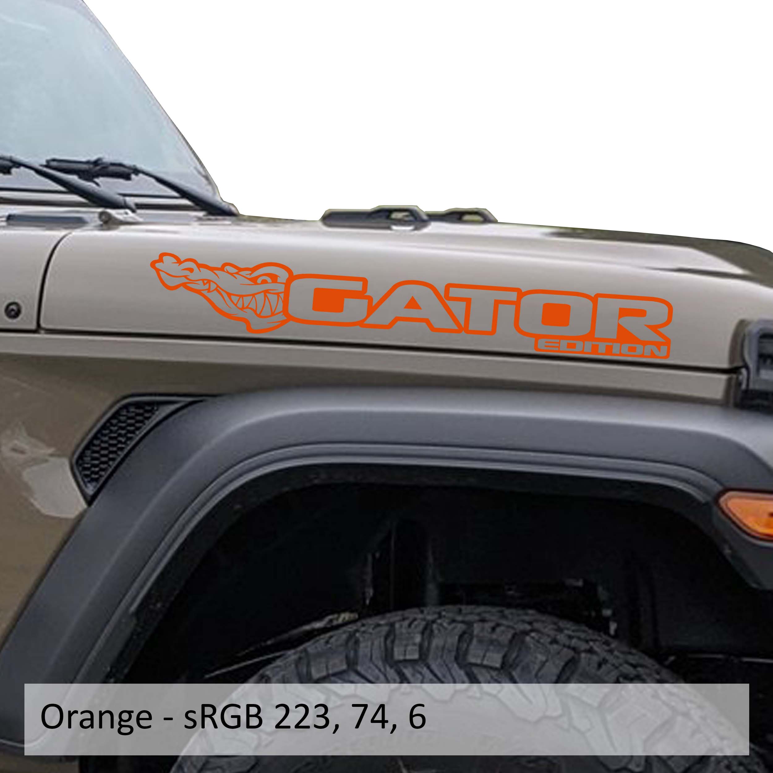 Gator Edition Jeep hood decal pair displayed in bright orange vinyl on a clean white photo backdrop