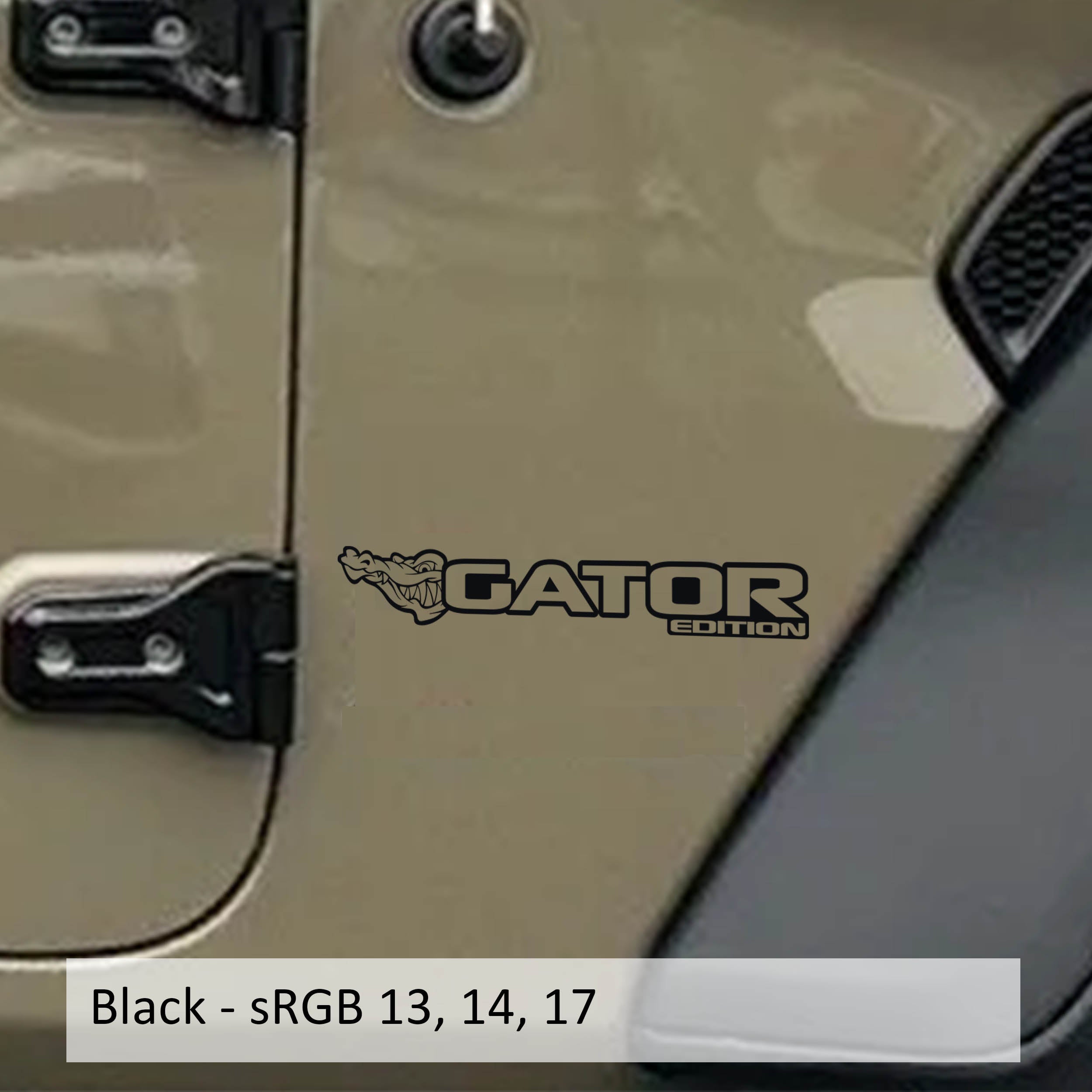 Gator Edition Wrangler JL Gladiator JT fender decal pair pictured in matte black vinyl finish swatch