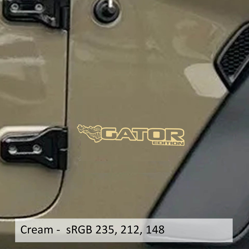 Gator Edition Wrangler JL Gladiator JT fender decal pair pictured in cream beige vinyl finish swatch