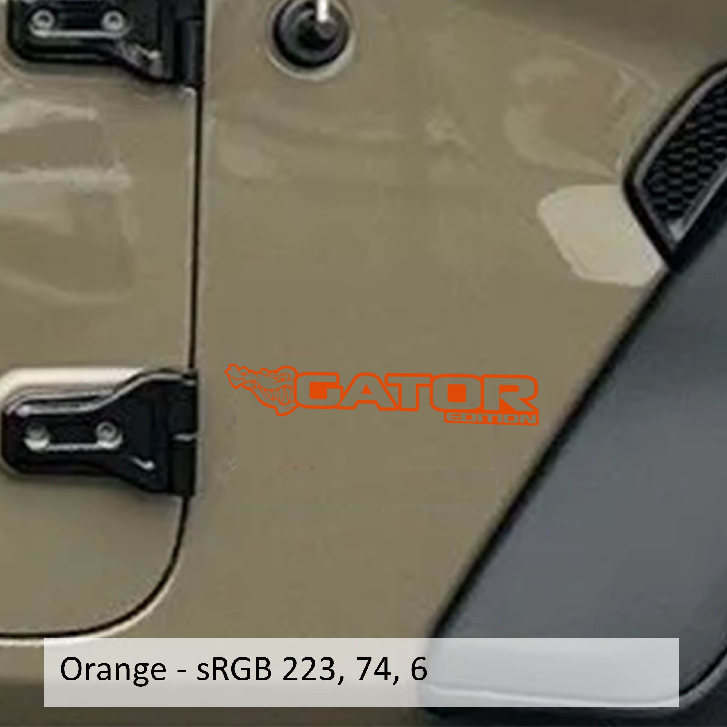 Gator Edition Wrangler JL Gladiator JT fender decal pair pictured in bright orange vinyl finish swatch