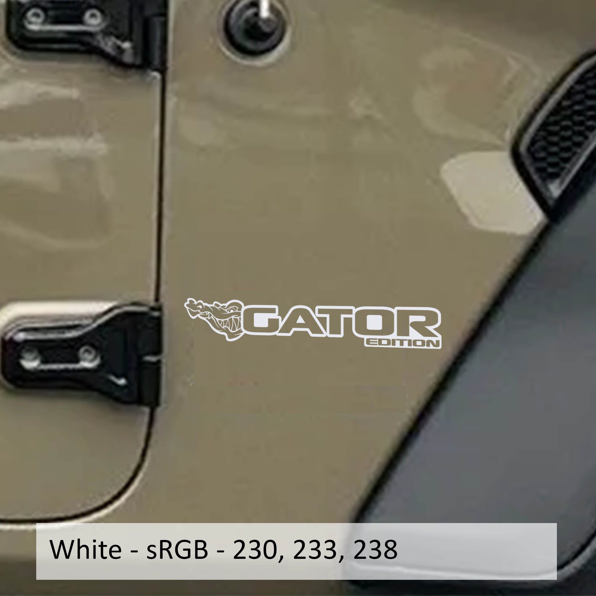 Gator Edition Wrangler JL Gladiator JT fender decal pair pictured in bright white vinyl finish swatch
