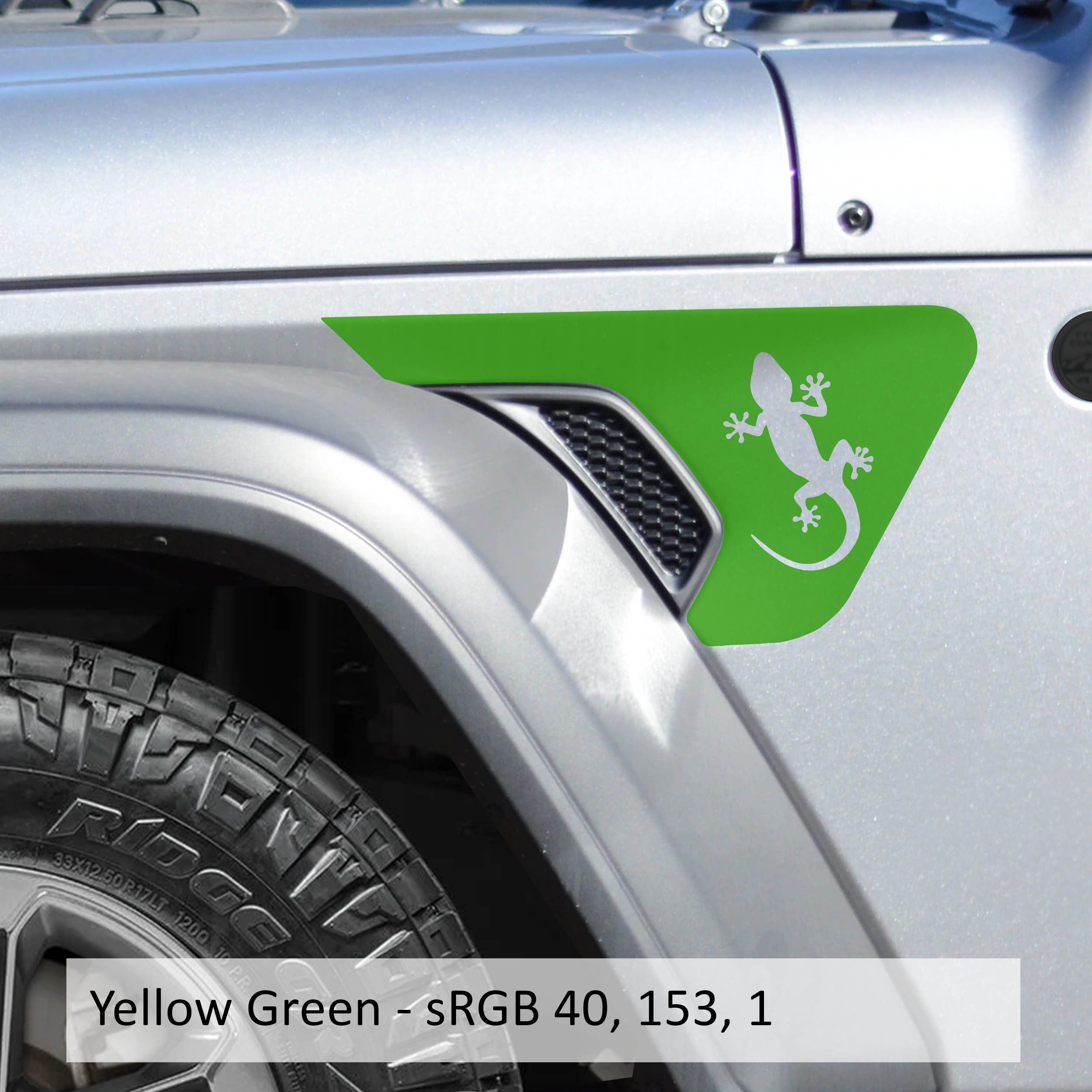 Yellow-green gecko lizard fender vent decal pair shown flat for Wrangler JL JLU and Gladiator JT