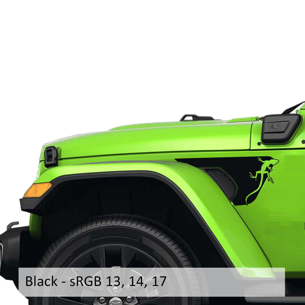 Black climbing gecko pair fender vent blackout decal pictured on Jeep JL JT billet vents