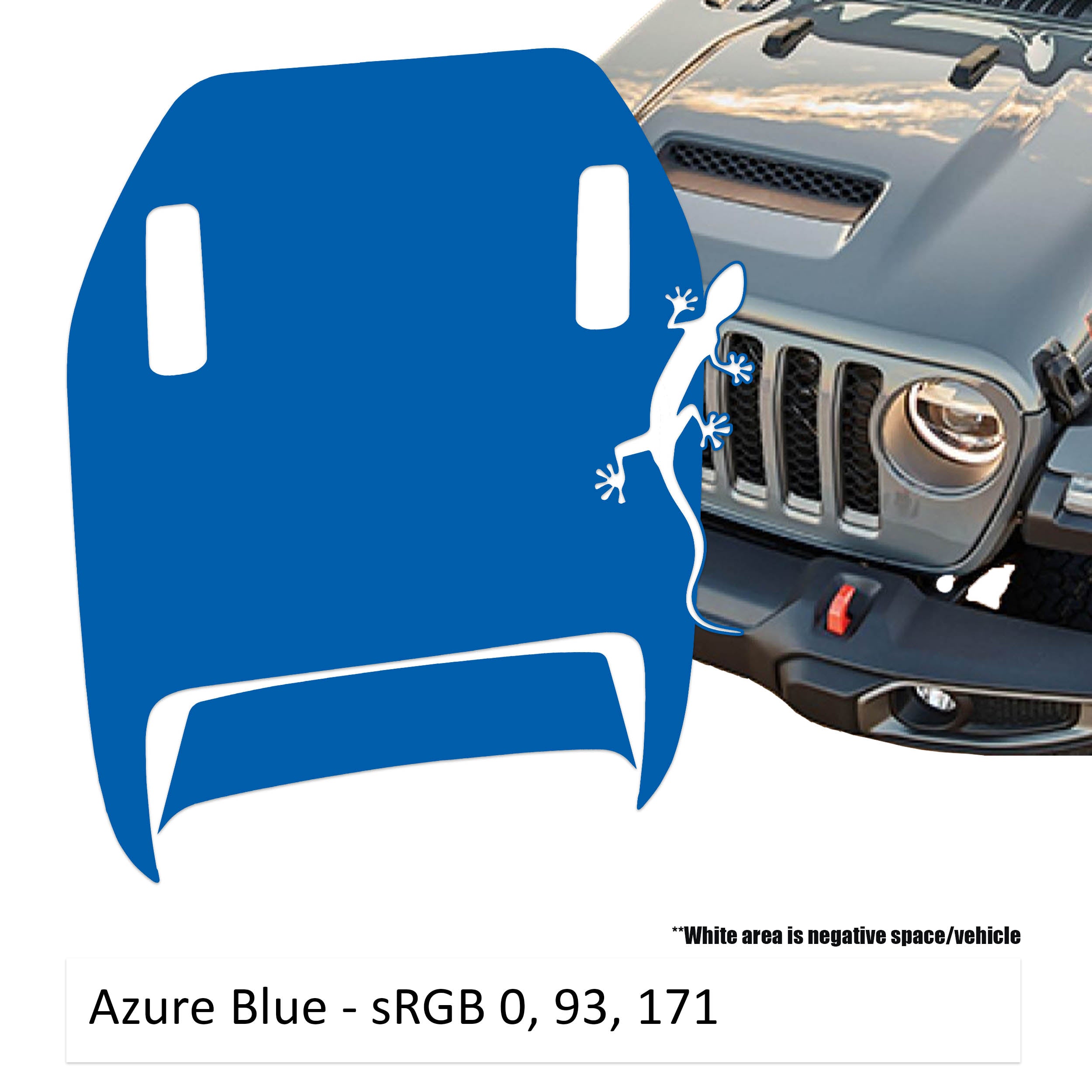 Azure blue Crawling Gecko Lizard Clawed Foot JL JT Mojave hood decal on Jeep Wrangler