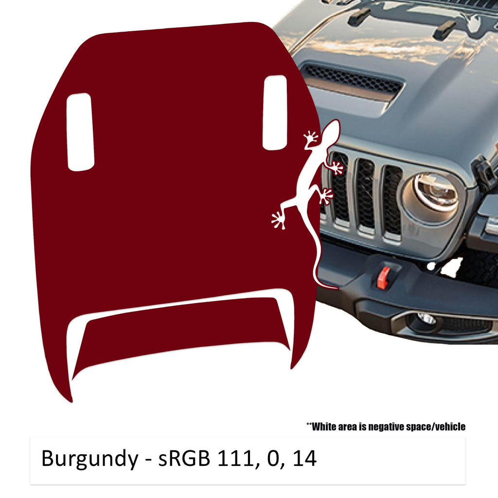 Burgundy Crawling Gecko Lizard Clawed Foot JL JT Mojave hood decal on Jeep Wrangler hood