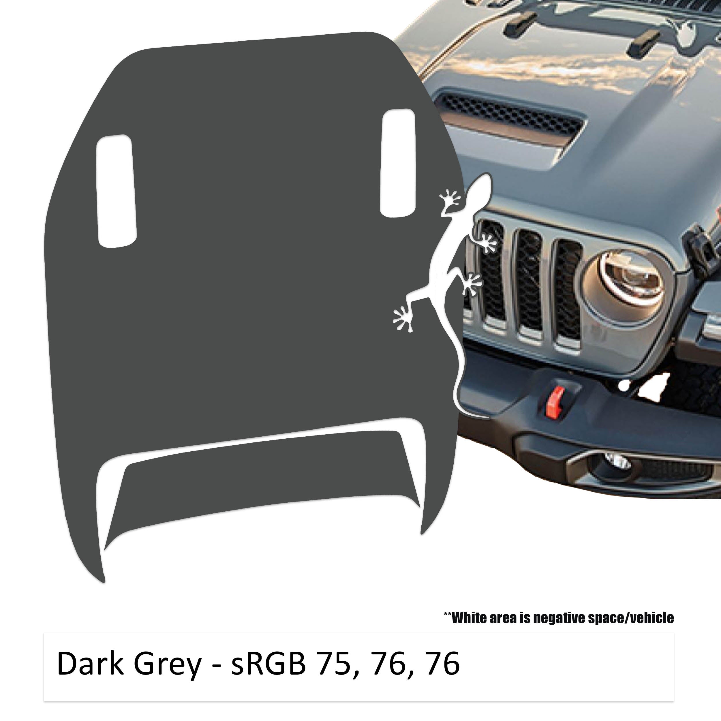 Dark gray Crawling Gecko Lizard Clawed Foot JL JT Mojave hood decal on Jeep Wrangler hood